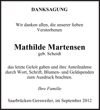 Todesanzeige von Mathilde Martensen von saarbruecker_zeitung