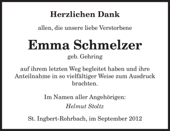 Todesanzeige von Emma Schmelzer von saarbruecker_zeitung
