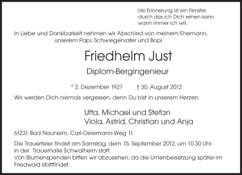 Todesanzeige von Friedhelm Just von saarbruecker_zeitung