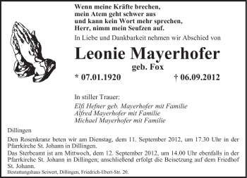 Todesanzeige von Leonie Mayerhofer von saarbruecker_zeitung