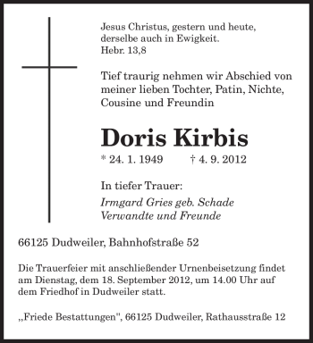 Todesanzeige von Doris Kirbis von saarbruecker_zeitung