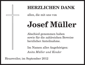 Todesanzeige von Josef Müller von saarbruecker_zeitung