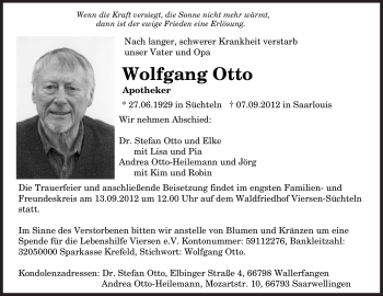 Todesanzeige von Wolfgang Otto von saarbruecker_zeitung