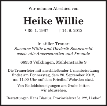 Todesanzeige von Heike Willie von saarbruecker_zeitung
