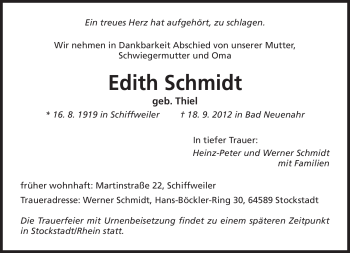 Todesanzeige von Edith Schmidt von saarbruecker_zeitung