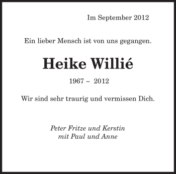 Todesanzeige von Heike Willie von saarbruecker_zeitung