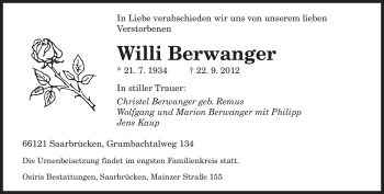 Todesanzeige von Willi Berwanger von saarbruecker_zeitung