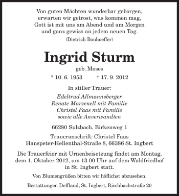 Todesanzeige von Ingrid Sturm von saarbruecker_zeitung