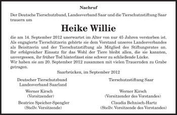 Todesanzeige von Heike Willie von saarbruecker_zeitung