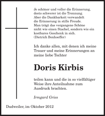 Todesanzeige von Doris Kirbis von saarbruecker_zeitung