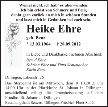 Todesanzeige von Heike Ehre von saarbruecker_zeitung