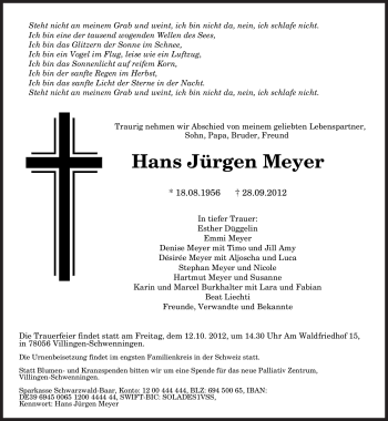 Todesanzeige von Hans Jürgen  Meyer von saarbruecker_zeitung