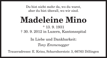 Todesanzeige von Madeleine Mino von saarbruecker_zeitung