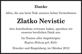 Todesanzeige von Zlatko Nevistic von saarbruecker_zeitung