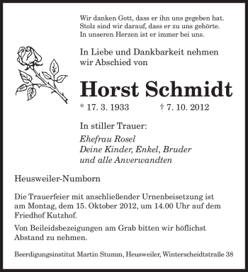 Todesanzeige von Horst Schmidt von saarbruecker_zeitung