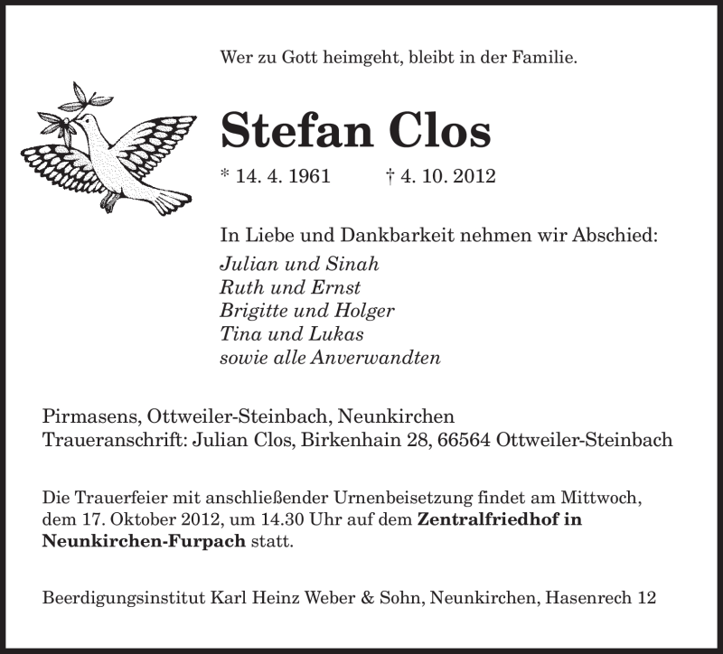  Traueranzeige für Stefan Clos vom 13.10.2012 aus saarbruecker_zeitung