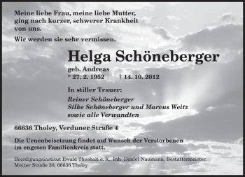 Todesanzeige von Helga Schöneberger von saarbruecker_zeitung