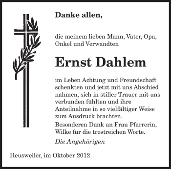Todesanzeige von Ernst Dahlem von saarbruecker_zeitung