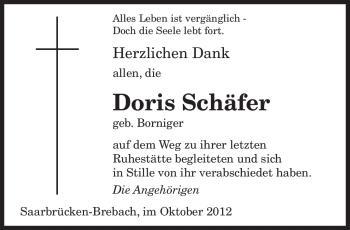 Todesanzeige von Doris Schäfer von saarbruecker_zeitung