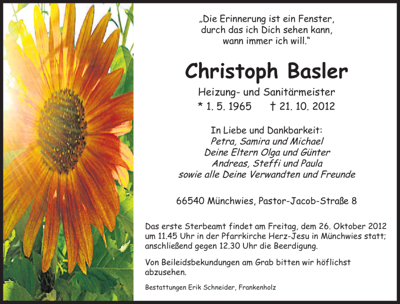  Traueranzeige für Christoph Basler vom 24.10.2012 aus saarbruecker_zeitung