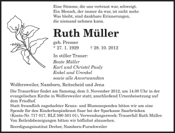 Todesanzeige von Ruth Müller von saarbruecker_zeitung