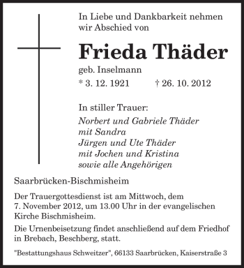 Todesanzeige von Frieda Thäder von saarbruecker_zeitung