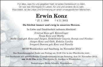 Todesanzeige von Erwin Konz von saarbruecker_zeitung