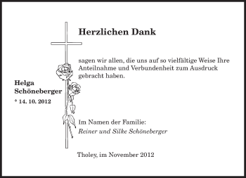 Todesanzeige von Helga Schöneberger von saarbruecker_zeitung