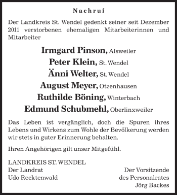 Todesanzeige von Sankt Wendel gedenkt von saarbruecker_zeitung