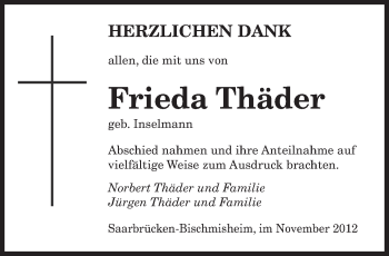 Todesanzeige von Frieda Thäder von saarbruecker_zeitung
