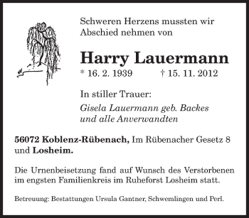 Todesanzeige von Harry Lauermann von saarbruecker_zeitung