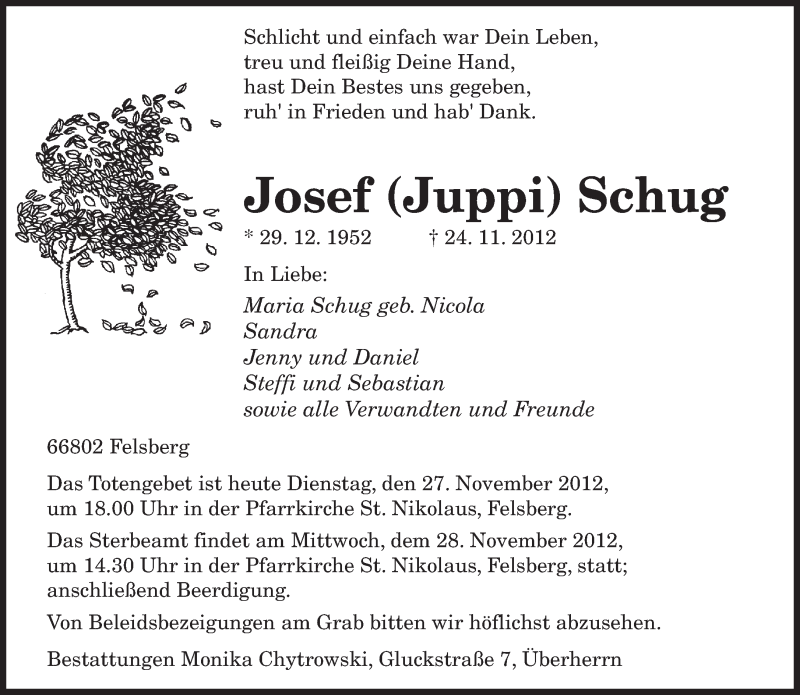  Traueranzeige für Josef Schug vom 27.11.2012 aus saarbruecker_zeitung