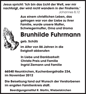 Todesanzeige von Brunhilde Fuhrmann von saarbruecker_zeitung