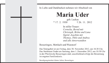 Todesanzeige von Maria Uder von saarbruecker_zeitung