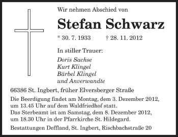 Todesanzeige von Stefan Schwarz von saarbruecker_zeitung
