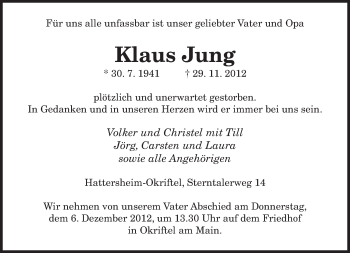 Todesanzeige von Klaus Jung von saarbruecker_zeitung