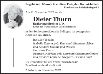 Todesanzeige von Dieter Thurn von saarbruecker_zeitung