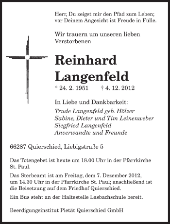 Todesanzeige von Reinhard Langenfeld von saarbruecker_zeitung