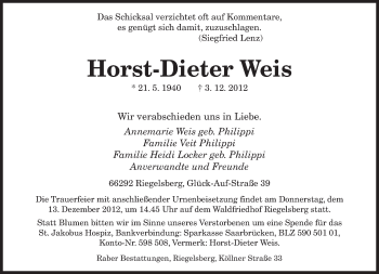 Todesanzeige von Horst-Dieter Weis von saarbruecker_zeitung