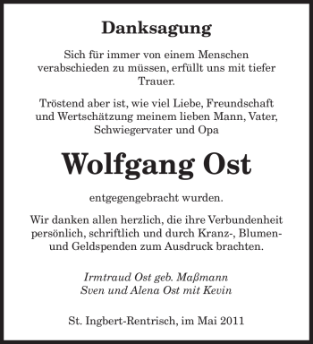 Todesanzeige von Wolfgang Ost von SAARBRÜCKER ZEITUNG
