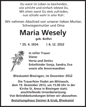 Todesanzeige von Maria Wesely von saarbruecker_zeitung