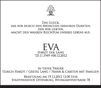 Todesanzeige von Eva Hardt von saarbruecker_zeitung