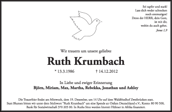 Todesanzeige von Ruth Krumbach von saarbruecker_zeitung