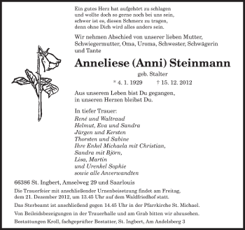Todesanzeige von Anneliese (Anni) Steinmann von saarbruecker_zeitung