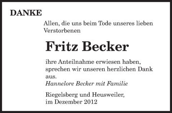 Todesanzeige von Fritz Becker von saarbruecker_zeitung