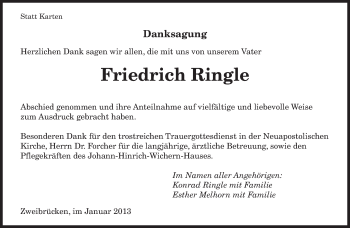 Todesanzeige von Friedrich Ringle von saarbruecker_zeitung