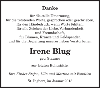 Todesanzeige von Irene Blug von saarbruecker_zeitung