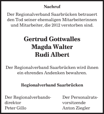 Todesanzeige von Regionalverband Saarbrücken gedenken von saarbruecker_zeitung