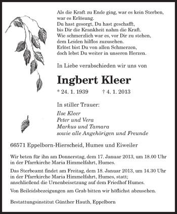 Todesanzeige von Ingbert Kleer von saarbruecker_zeitung