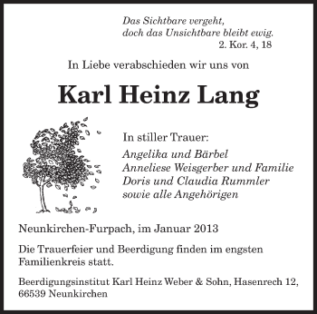 Todesanzeige von Karl Heinz Lang von saarbruecker_zeitung